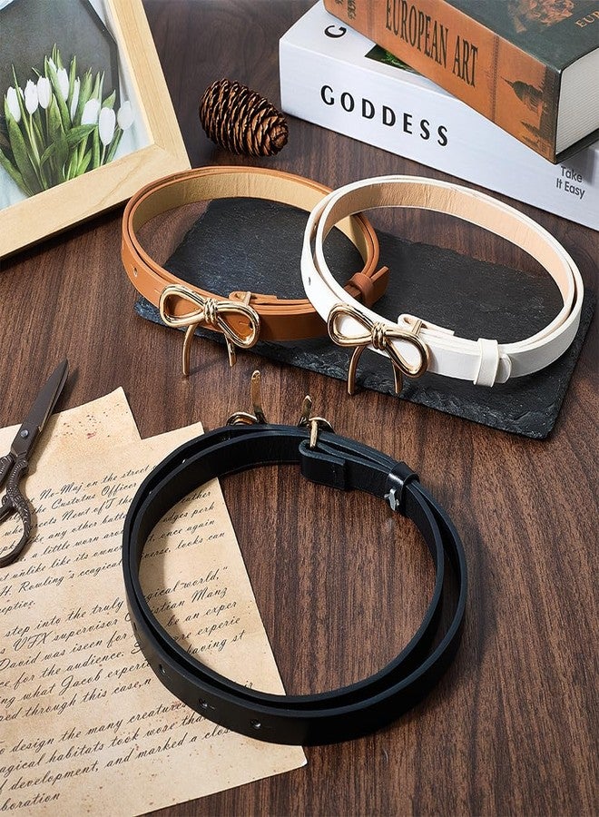 CALFOVERA 3 Colors PU Leather Bow Skinny Belts Adjustable 0.5 Inch Width Thin Waist Belt with Gold Alloy Bowknot Buckle Elegantes Slim Leather Waist Strap for Women Ladies Dresses Jeans Pants - Image 3